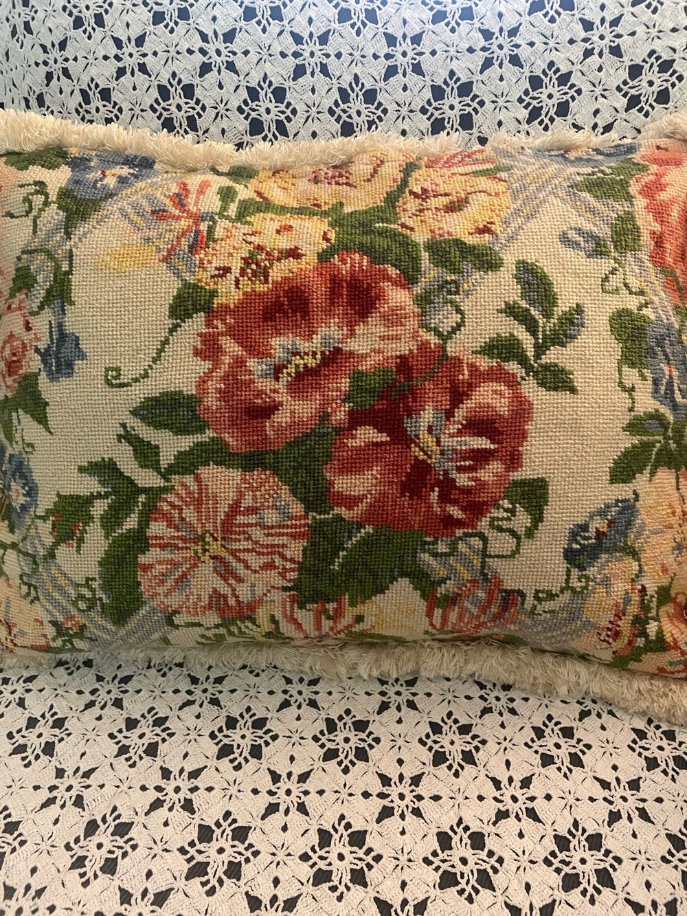Vintage Handmade Floral Needlepoint Accent Pillow